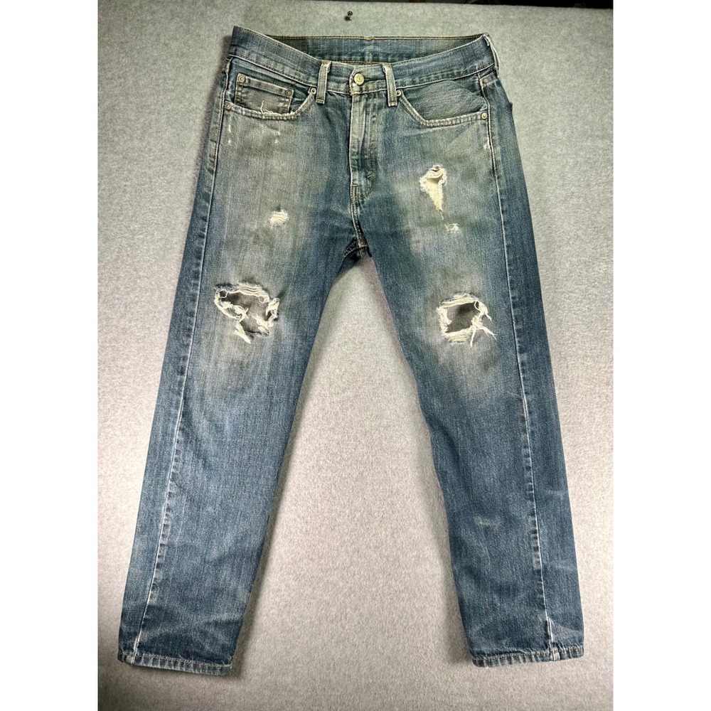 Levis 505 Regular Fit Thrashed stained Distressed Blue Denim Jeans Mens 32x30